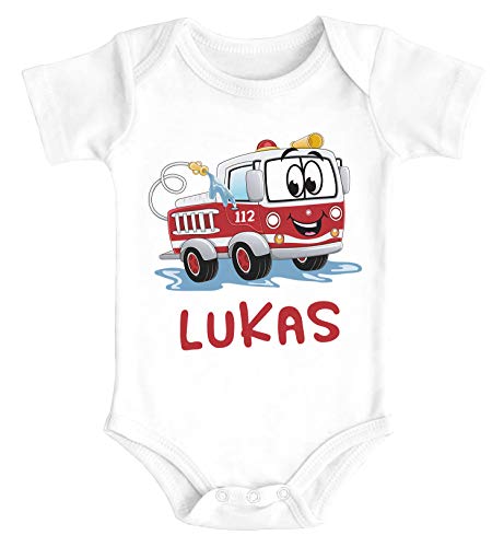 SpecialMe® Baby Body mit Namen Bedrucken Lassen Feuerwehr-Auto Namensgeschenke Kurzarm Bio Baumwolle weiß 3-6 Monate von SpecialMe