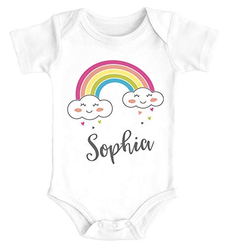SpecialMe® Baby Body mit Namen Bedrucken Lassen Motiv Regenbogen Wolke Herz Kurzarm Bio Baumwolle weiß 0-3 Monate von SpecialMe