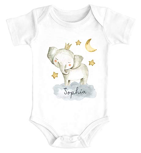 SpecialMe® Baby Body mit Namen Bedrucken Lassen Tier-Motive Nashorn Löwe Elefant Watercolor Kurzarm Bio Baumwolle Elefant weiß 0-3 Monate von SpecialMe