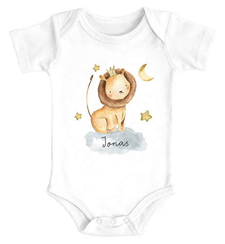 SpecialMe® Baby Body mit Namen Bedrucken Lassen Tier-Motive Nashorn Löwe Elefant Watercolor Kurzarm Bio Baumwolle Löwe weiß 12-18 Monate von SpecialMe