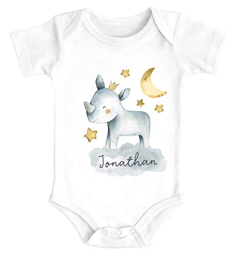 SpecialMe® Baby Body mit Namen Bedrucken Lassen Tier-Motive Nashorn Löwe Elefant Watercolor Kurzarm Bio Baumwolle Nashorn weiß 0-3 Monate von SpecialMe