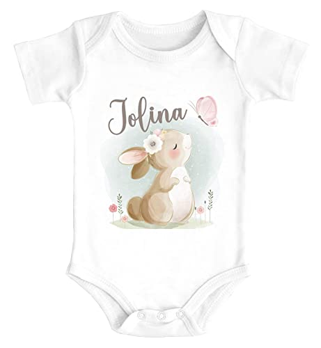 SpecialMe® Baby Body mit Namen Tiermotive Bär Hase Fuchs personalisierte Geschenke für Neugeborene Kurzarm Bio Baumwolle Hase weiß 6-12 Monate von SpecialMe