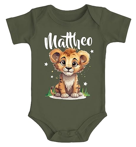 SpecialMe® Baby Body mit Namen personalisierbar Kleiner Löwe Tiermotiv Namensgeschenke Geburt Bio Baumwolle Oliv 0-3 Monate von SpecialMe