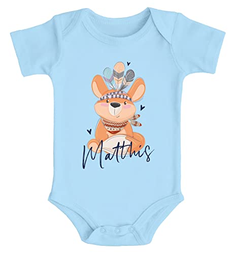 SpecialMe® Baby Body mit Namen personalisiert Fuchs Boho-Stil Aufdruck Print Kurzarm Bio Baumwolle hellblau-Navy 0-3 Monate von SpecialMe