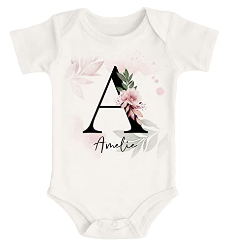 SpecialMe® Baby Body mit Namen personalisiert Monogramm Initiale Anfangsbuchstabe und Name Mädchen Kurzarm Kurzarm Bio Baumwolle Blumenhintergrund Natur 0-3 Monate von SpecialMe