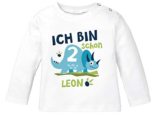 SpecialMe® Baby Langarm-Shirt mit Namen und Zahl 1/2 Geschenk zum Geburtstag Dinosaurier Dino für Jungen 2 Jahre weiß 80/86 (10-15 Monate) von SpecialMe