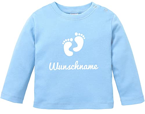 SpecialMe® Baby Langarm-Shirt personalisierbar mit Namen Babyfüßchen Wunschname personalisierte Geschenke Geburt Junge Mädchen hellblau 68/74 (4-9 Monate) von SpecialMe