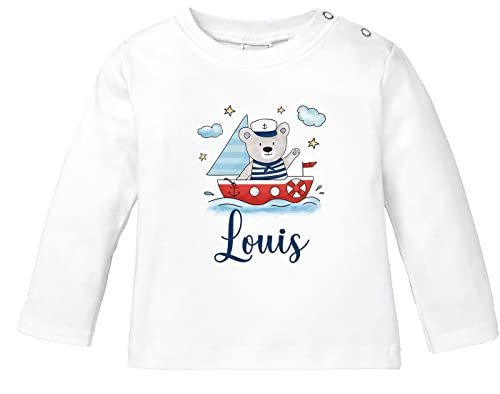 SpecialMe® Baby Langarmshirt mit Name Bär Boot Segelboot Aufdruck Motiv personalisierte Geschenke Junge Mädchen Bio-Baumwolle weiß 56/62 (1-3 Monate) von SpecialMe