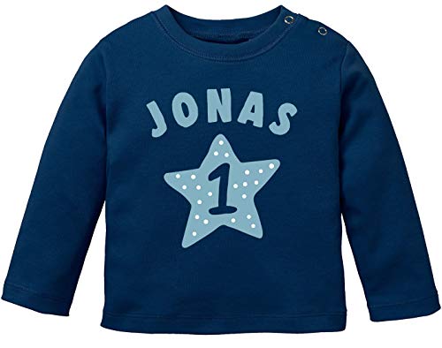 SpecialMe® Baby Langarmshirt mit Name und Zahl 1 zum ersten Geburtstag Motiv Stern Geburtstagsshirt Junge/Mädchen Jungen blau 68/74 (4-9 Monate) von SpecialMe