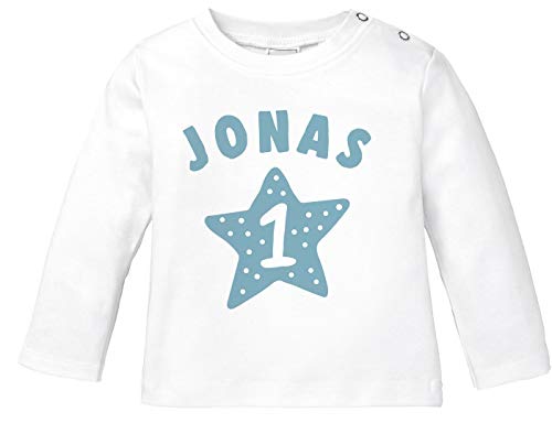 SpecialMe® Baby Langarmshirt mit Name und Zahl 1 zum ersten Geburtstag Motiv Stern Geburtstagsshirt Junge/Mädchen Jungen weiß 92/98 (16-24-Monate) von SpecialMe