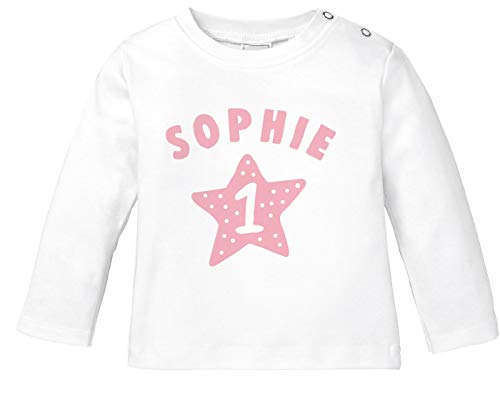 SpecialMe® Baby Langarmshirt mit Name und Zahl 1 zum ersten Geburtstag Motiv Stern Geburtstagsshirt Junge/Mädchen Mädchen weiß 68/74 (4-9 Monate) von SpecialMe