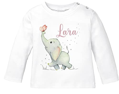 SpecialMe® Baby Langarmshirt mit Namen personalisiert Elefant Schmetterling Tiermotiv Tiere Junge Mädchen Bio-Baumwolle weiß 80/86 (10-15 Monate) von SpecialMe