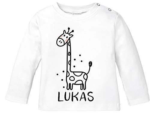 SpecialMe® Baby Langarmshirt mit Namen personalisiert Giraffe lustige Zoo-Tiere Strichzeichung Junge Mädchen Bio-Baumwolle Giraffe weiß 68/74 (4-9 Monate) von SpecialMe