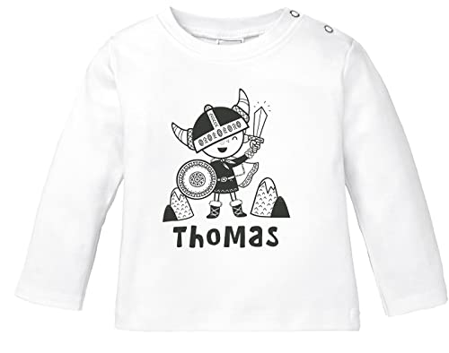 SpecialMe® Baby Langarmshirt mit Namen personalisiert Kleiner Wikinger Skandi Stil Junge Mädchen Bio-Baumwolle weiß 80/86 (10-15 Monate) von SpecialMe