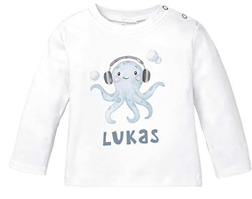 SpecialMe® Baby Langarmshirt mit Namen personalisiert Octopus Unterwasser Tiermotiv Tintenfisch Junge Mädchen Bio-Baumwolle weiß 56/62 (1-3 Monate) von SpecialMe