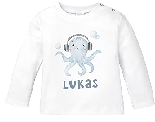 SpecialMe® Baby Langarmshirt mit Namen personalisiert Octopus Unterwasser Tiermotiv Tintenfisch Junge Mädchen Bio-Baumwolle weiß 80/86 (10-15 Monate) von SpecialMe