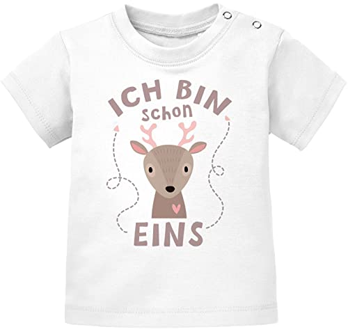 SpecialMe® Baby T-Shirt Kurzarm mit Spruch zum Geburtstag ich Bin Schon eins Tiermotive Geschenk für Einjährige Bio-Baumwolle REH weiß 68/74 (4-9 Monate) von SpecialMe