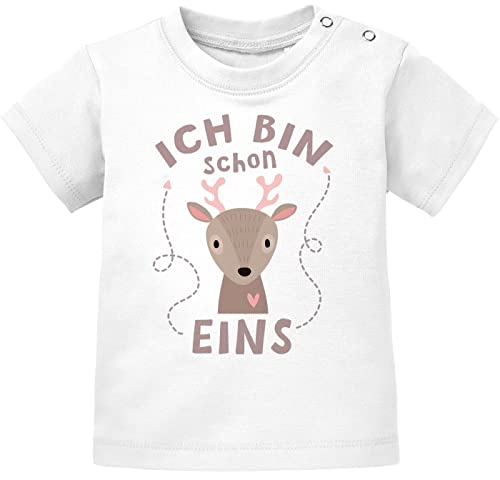 SpecialMe® Baby T-Shirt Kurzarm mit Spruch zum Geburtstag ich Bin Schon eins Tiermotive Geschenk für Einjährige Bio-Baumwolle REH weiß 80/86 (10-15 Monate) von SpecialMe