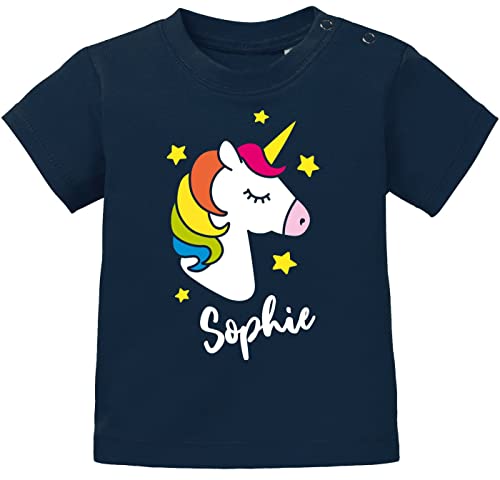 SpecialMe® Baby T-Shirt mit Namen Einhorn Aufdruck personalisierbar Namensgeschenk Mädchen Kurzarm Bio-Baumwolle dunkelblau 92/98 (16-24-Monate) von SpecialMe