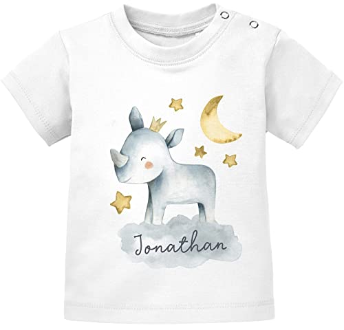 SpecialMe® Baby T-Shirt mit Namen Tier-Motive Nashorn Löwe Elefant Watercolor Junge Mädchen Kurzarm Bio-Baumwolle Nashorn weiß 68/74 (4-9 Monate) von SpecialMe