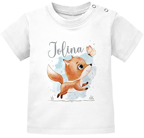 SpecialMe® Baby T-Shirt mit Namen Tiermotive Bär Hase Fuchs personalisierte Geschenke Geburt Junge Mädchen Kurzarm Bio-Baumwolle Fuchs weiß 92/98 (16-24-Monate) von SpecialMe