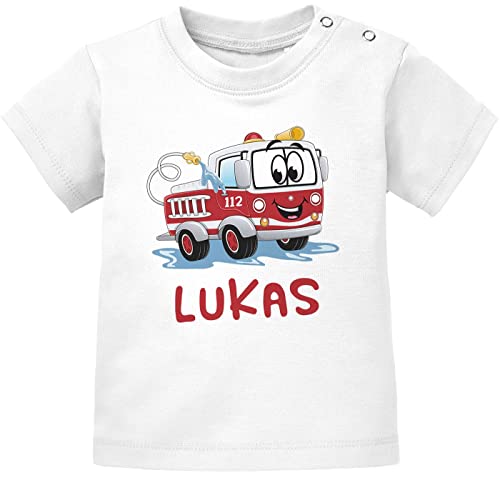 SpecialMe® Baby T-Shirt mit Namen personalisiert Feuerwehr-Auto Namensgeschenke Kurzarm Bio Baumwolle weiß 92/98 (16-24-Monate) von SpecialMe