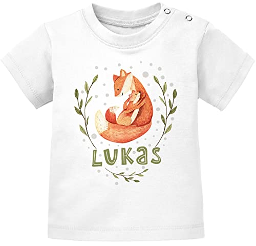 SpecialMe® Baby T-Shirt mit Namen personalisiert Fuchsmama mit Kind Junge Mädchen Kurzarm Bio-Baumwolle weiß 92/98 (16-24-Monate) von SpecialMe