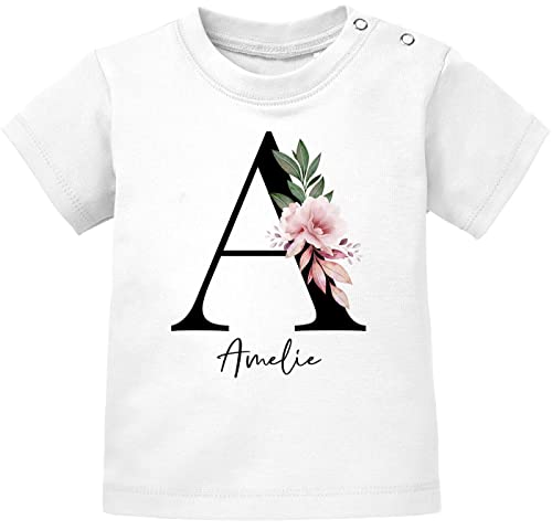 SpecialMe® Baby T-Shirt mit Namen personalisiert Monogramm Initiale Anfangsbuchstabe und Name Mädchen Kurzarm Bio-Baumwolle weiß 92/98 (16-24-Monate) von SpecialMe