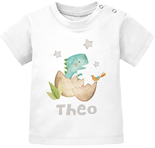 SpecialMe® Baby T-Shirt mit Namen personalisiert und Baby-Dino Print Dinosaurier Junge Mädchen Kurzarm Bio-Baumwolle T-Rex weiß 56/62 (1-3 Monate) von SpecialMe