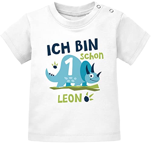 SpecialMe® Baby T-Shirt mit Namen und Zahl 1/2 Geschenk zum Geburtstag Dinosaurier Dino für Jungen 1 Jahr weiß 92/98 (16-24-Monate) von SpecialMe