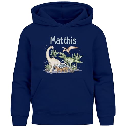 SpecialMe® Kinder Hoodie Jungen Dino mit Namen personalisiert Dinosaurier T-Rex Aufdruck Navy 116 von SpecialMe