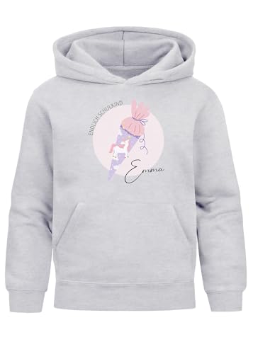 SpecialMe® Kinder Hoodie Mädchen Geschenkidee Einschulung Schultüte-Grafik mit Name personalisiert Schriftzug Endlich Schulkind 2025 Grau 128 von SpecialMe