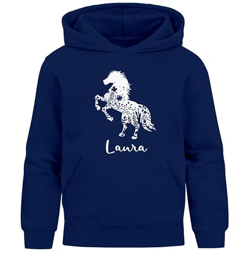 SpecialMe® Kinder Hoodie Mädchen Pferde Blumen Motiv personalisierte Mädchengeschenke mit Namen und Pferd Navy 140 von SpecialMe