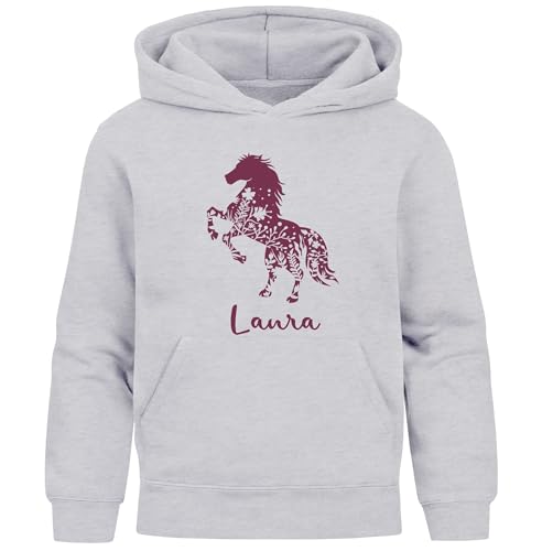 SpecialMe® Kinder Hoodie Mädchen Pferde Blumen Motiv personalisierte Mädchengeschenke mit Namen und Pferd grau 140 von SpecialMe