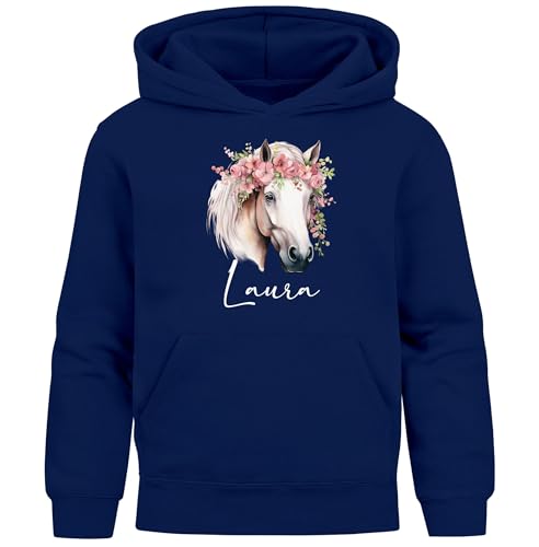 SpecialMe® Kinder Hoodie Mädchen Pferde Pferdekopf Blumen personalisiert mit Namen Mädchengeschenke Print Navy 116 von SpecialMe