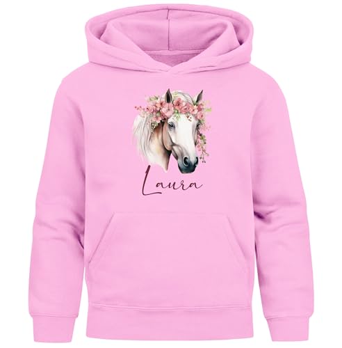 SpecialMe® Kinder Hoodie Mädchen Pferde Pferdekopf Blumen personalisiert mit Namen Mädchengeschenke Print rosa 164 von SpecialMe