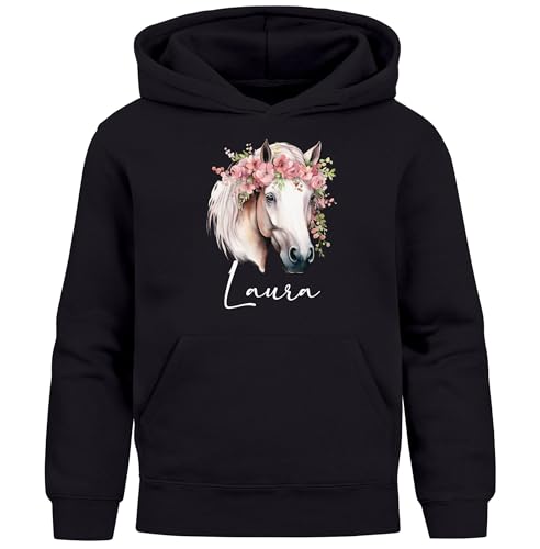 SpecialMe® Kinder Hoodie Mädchen Pferde Pferdekopf Blumen personalisiert mit Namen Mädchengeschenke Print schwarz 152 von SpecialMe