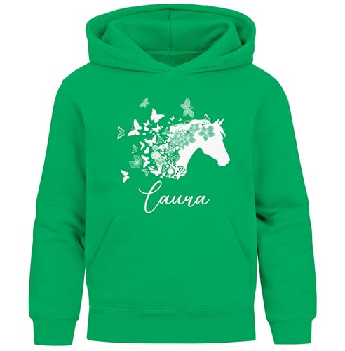 SpecialMe® Kinder Hoodie Mädchen Pferde Schmetterling Motiv personalisierte Mädchengeschenke mit Namen und Pferd Gruen 128 von SpecialMe