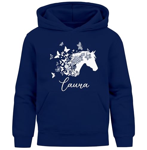 SpecialMe® Kinder Hoodie Mädchen Pferde Schmetterling Motiv personalisierte Mädchengeschenke mit Namen und Pferd Navy 140 von SpecialMe