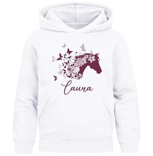 SpecialMe® Kinder Hoodie Mädchen Pferde Schmetterling Motiv personalisierte Mädchengeschenke mit Namen und Pferd Weiss 152 von SpecialMe