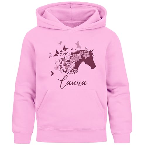 SpecialMe® Kinder Hoodie Mädchen Pferde Schmetterling Motiv personalisierte Mädchengeschenke mit Namen und Pferd rosa 164 von SpecialMe