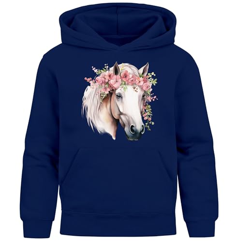 SpecialMe® Kinder Hoodie Mädchen Pferdekopf mit Blumen Mädchengeschenke Pferde Print Aufdruck Navy 152 von SpecialMe