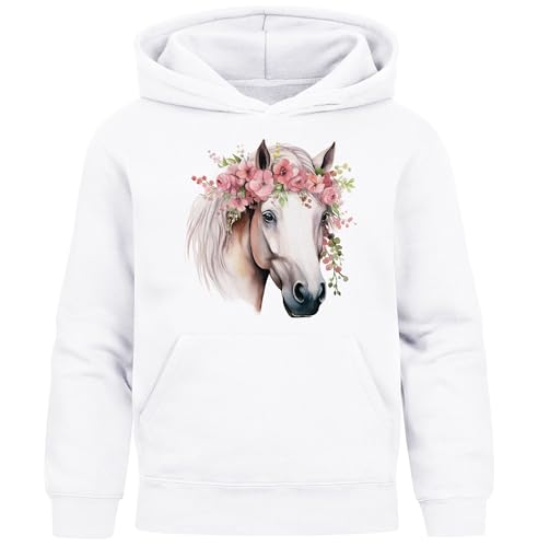 SpecialMe® Kinder Hoodie Mädchen Pferdekopf mit Blumen Mädchengeschenke Pferde Print Aufdruck Weiss 116 von SpecialMe