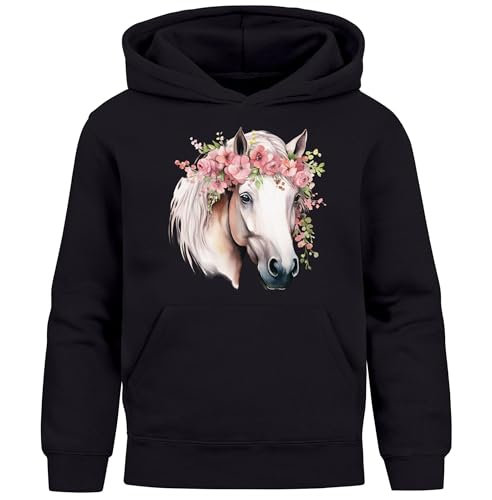 SpecialMe® Kinder Hoodie Mädchen Pferdekopf mit Blumen Mädchengeschenke Pferde Print Aufdruck schwarz 116 von SpecialMe