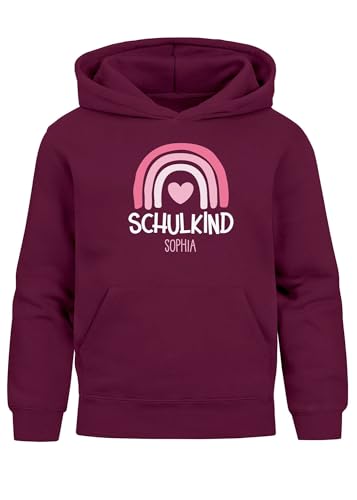 SpecialMe® Kinder Hoodie Mädchen Schulkind 2025 Regenbogen Herz Einschulung Geschenk personalisiert mit Namen Errste Klasse Bordeauxrot 140 von SpecialMe