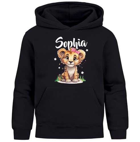 SpecialMe® Kinder Hoodie für Mädchen mit Aufdruck Löwe Tiermotive personalisierter Kapuzenpullover mit Name Schwarz 128 von SpecialMe