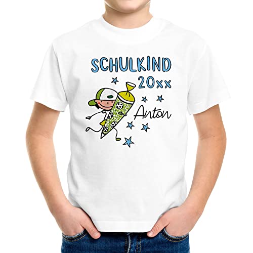 SpecialMe® Kinder Jungen T-Shirt Einschulung mit Namen Schulkind anpassbare Jahreszahl Schultüte Strichmännchen personalisierbar Jungs weiß 129-140 (9-10 Jahre) von SpecialMe