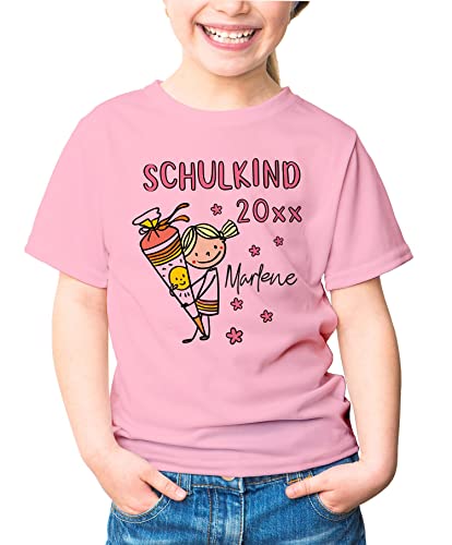 SpecialMe® Kinder Mädchen T-Shirt Einschulung mit Namen Schulkind anpassbare Jahreszahl Schultüte Strichmännchen personalisierbar Mädchen rosa 110-116 (5-6 Jahre) von SpecialMe