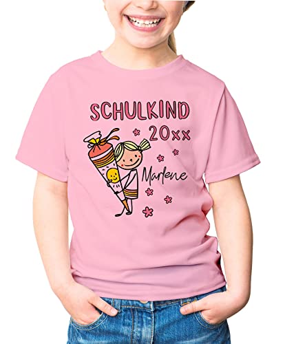 SpecialMe® Kinder Mädchen T-Shirt Einschulung 2025 mit Namen Schulkind anpassbare Jahreszahl Schultüte Strichmännchen personalisierbar Rosa 129-140 (9-10 Jahre) von SpecialMe