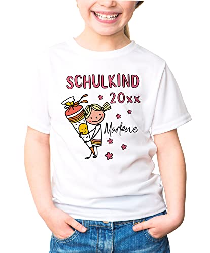 SpecialMe® Kinder Mädchen T-Shirt Einschulung mit Namen Schulkind anpassbare Jahreszahl Schultüte Strichmännchen personalisierbar Mädchen weiß 122-128 (7-8 Jahre) von SpecialMe